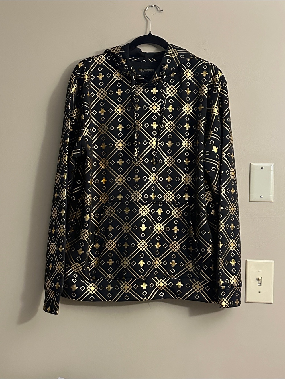 Black Hoodie with Metallic Gold Geometric Print